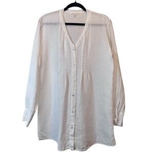 Eileen Fisher Irish Linen White Collarless Button-Up Shirt